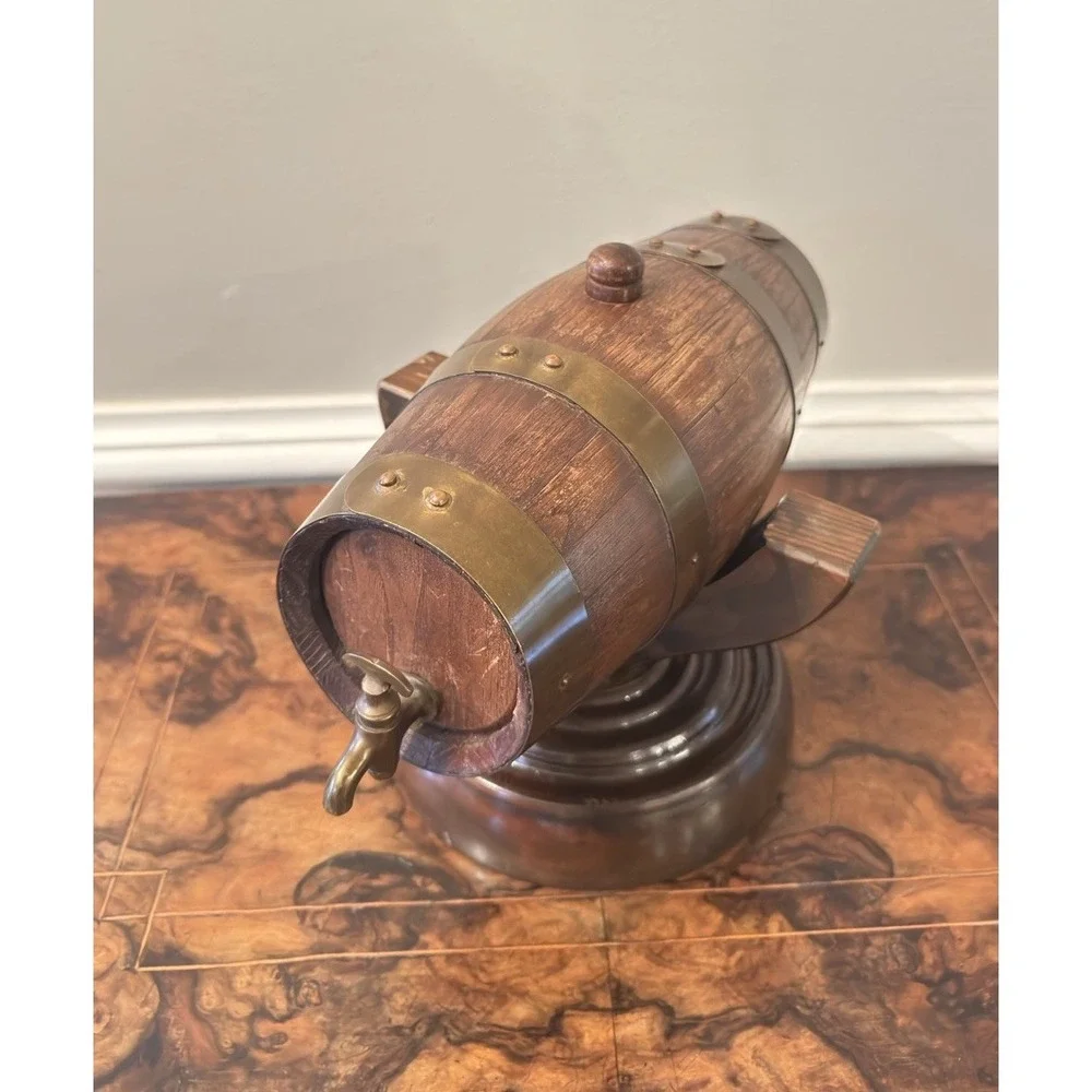Handmade Spain Wood Barrel Cask w/ Brass Bands & Spigot on Stand‎ Vintage